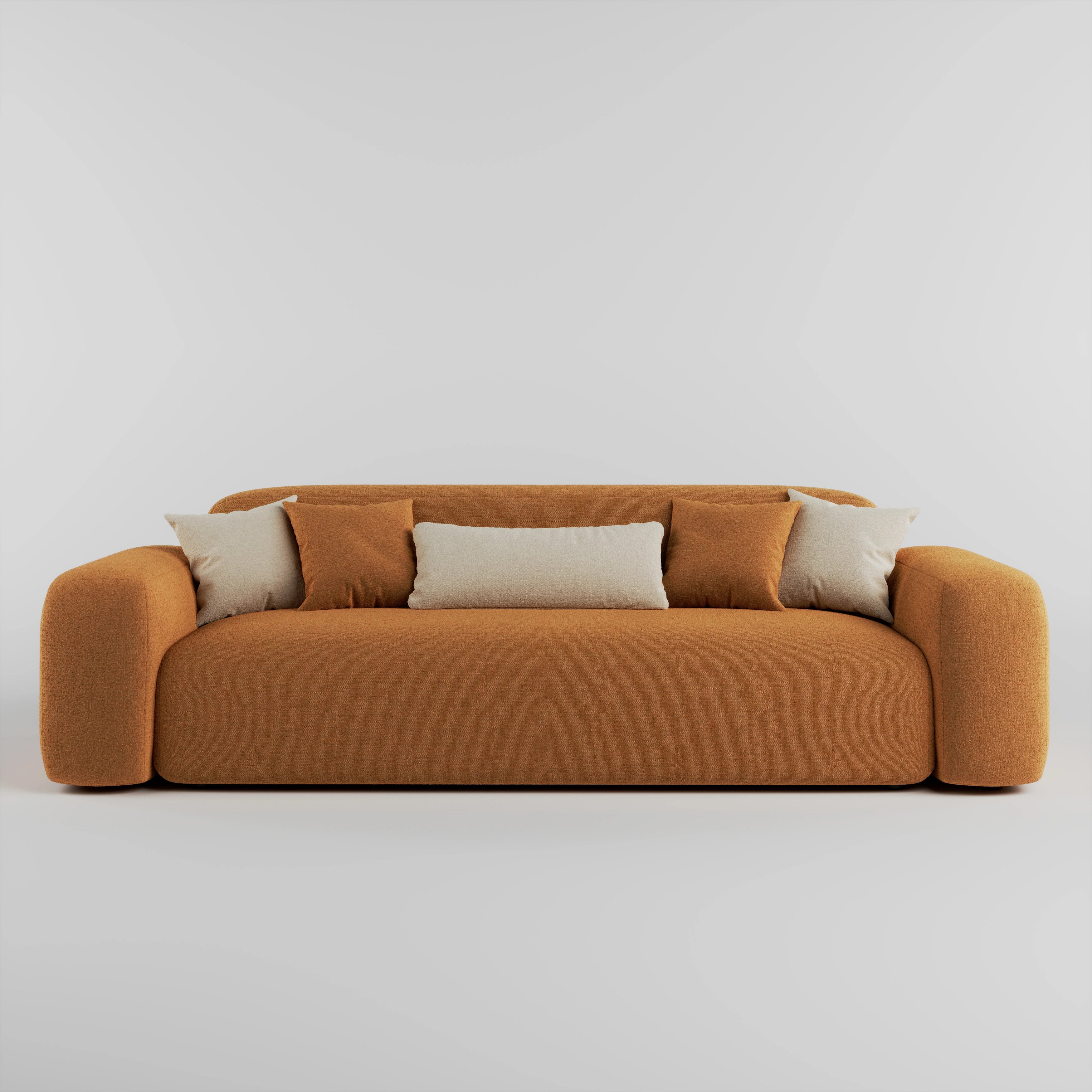 Cove 3 seater sofa in caramel fabric with accent cushions, front view