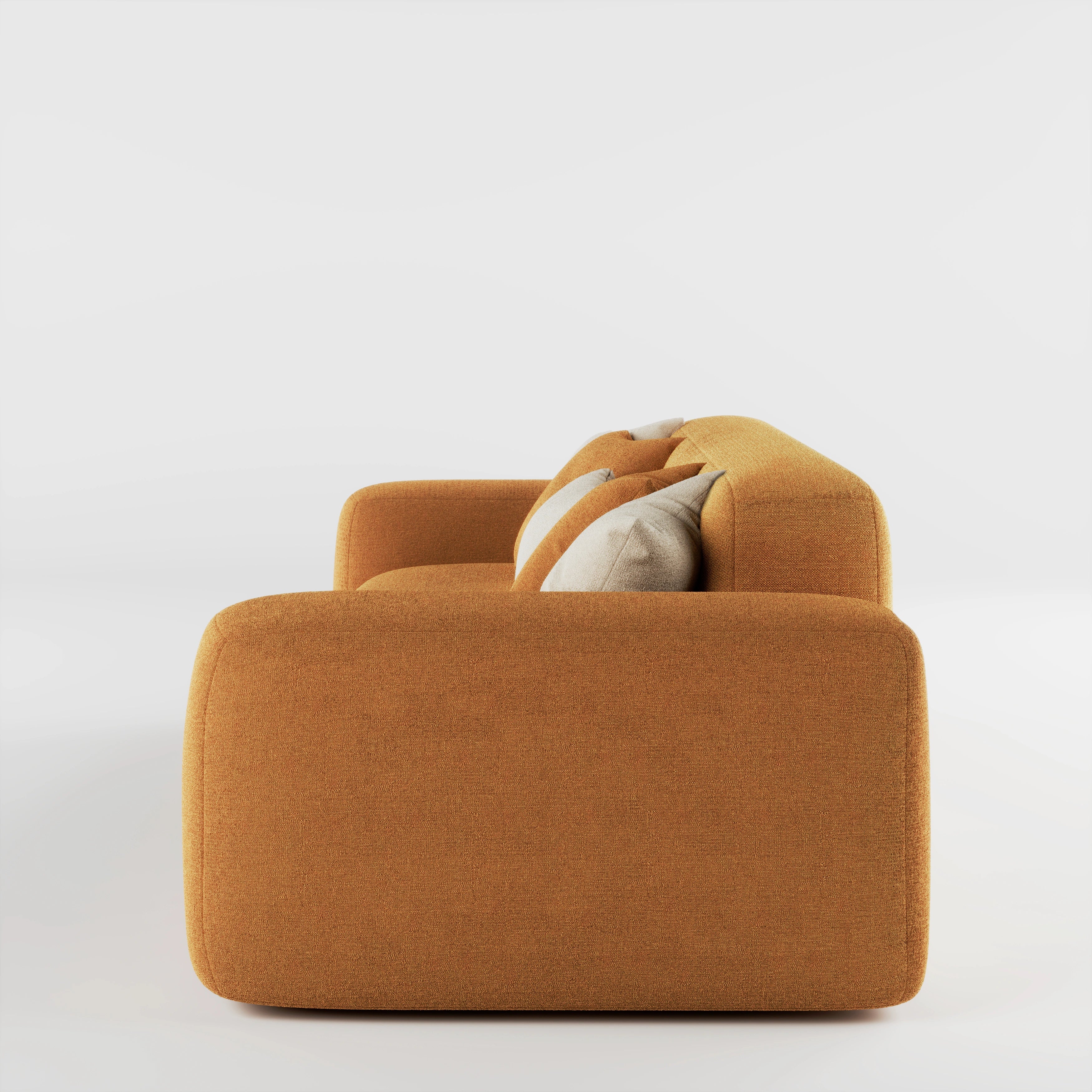 Cove 3 seater sofa in caramel fabric, side profile view