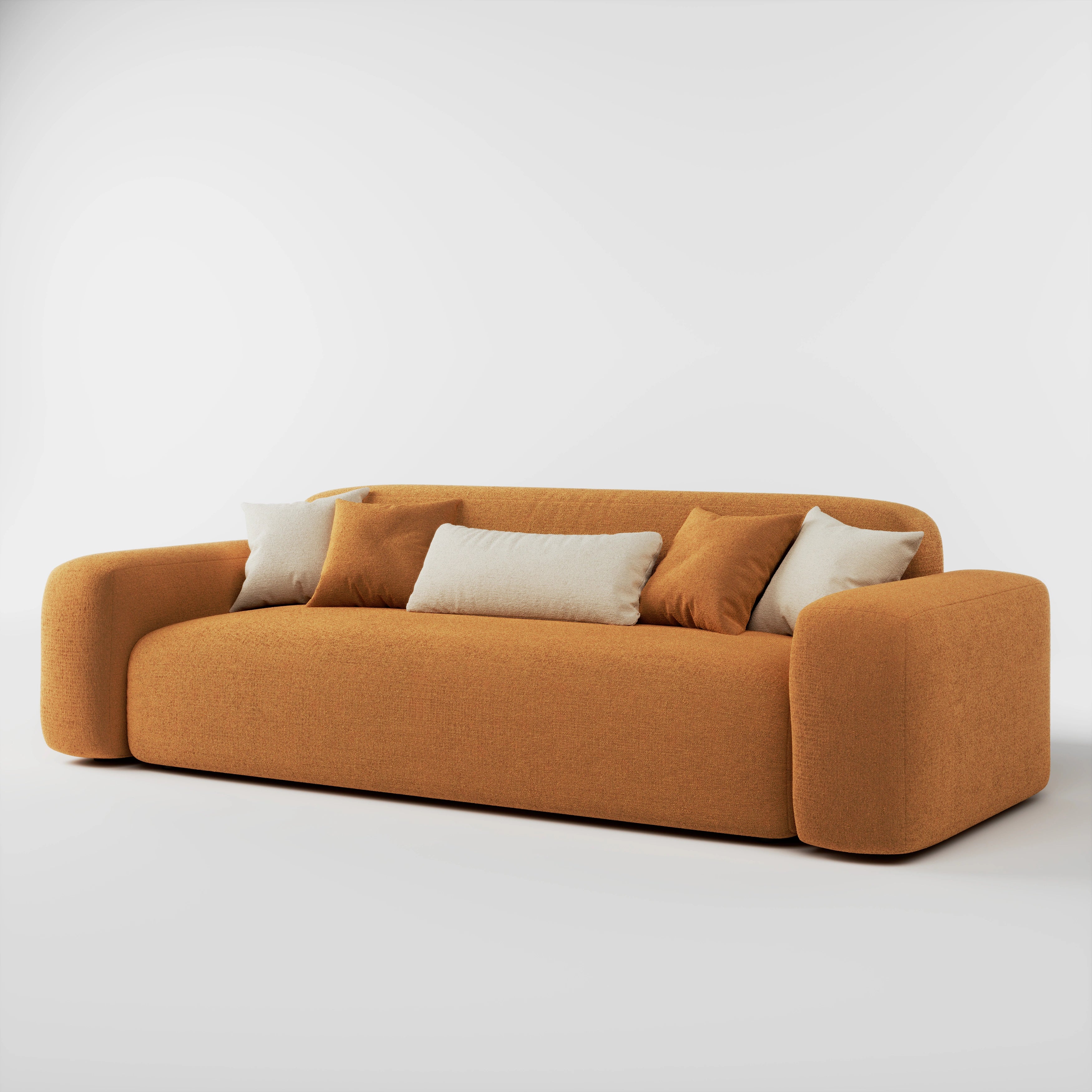 Cove 3 seater sofa in caramel fabric with accent cushions, angled front view