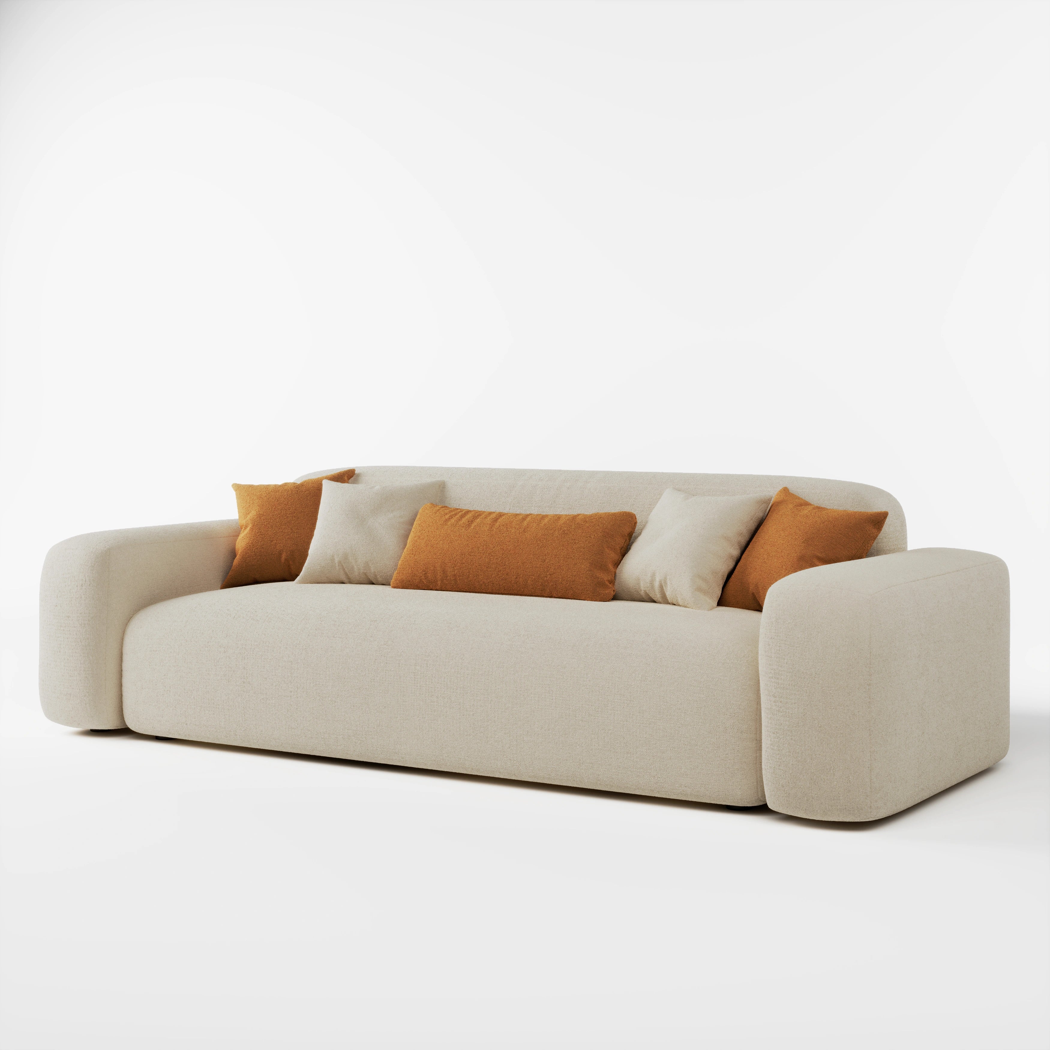 Cove 3 seater sofa in beige fabric with accent cushions, angled front view