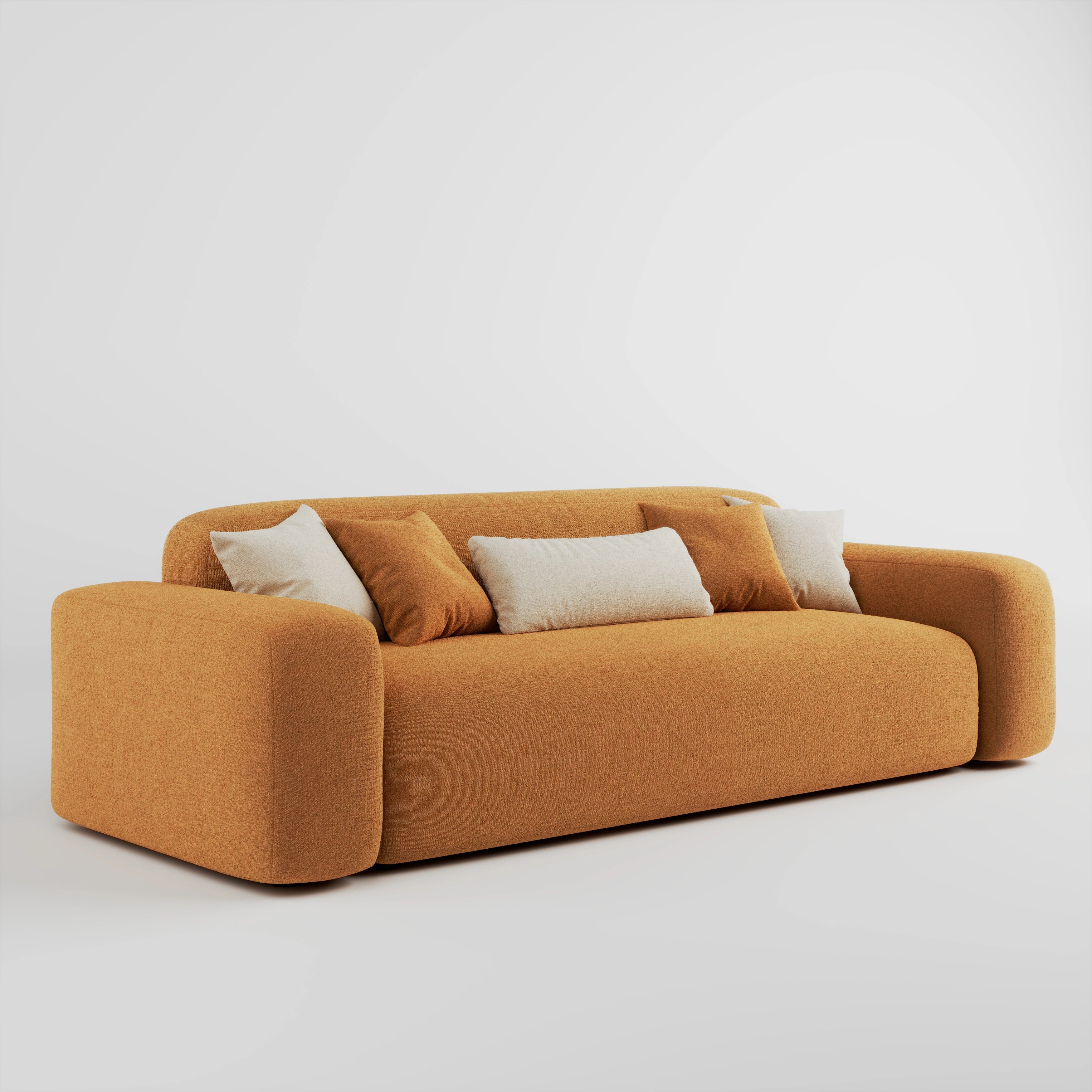 Cove 3 seater sofa in caramel fabric with accent cushions, angled front view from opposite side
