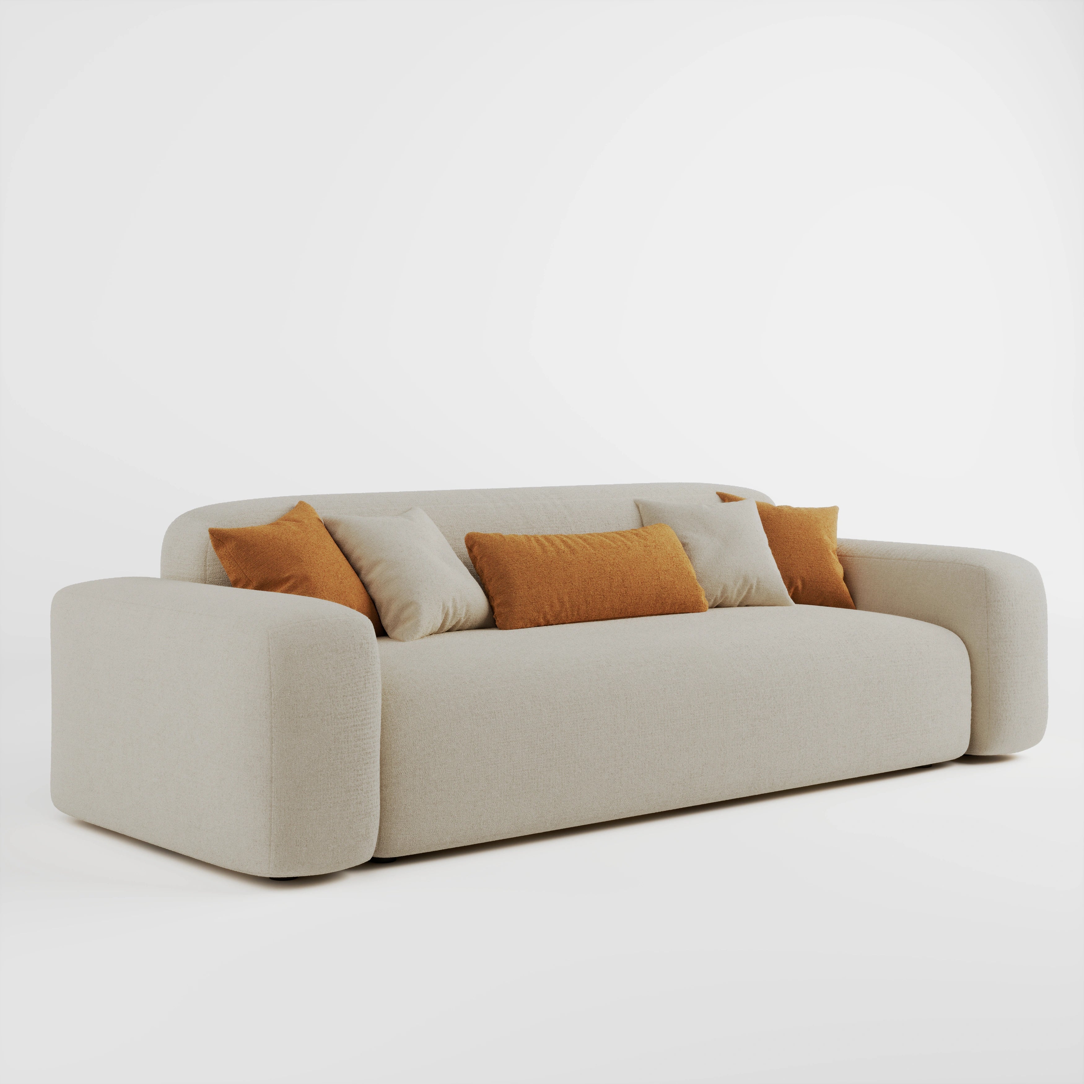 Cove 3 seater sofa in beige fabric with accent cushions, angled front view from opposite side
